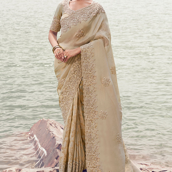 Monjolika Fashion Beige Embroidered Woven Faux Tissue Silk Saree - Dista