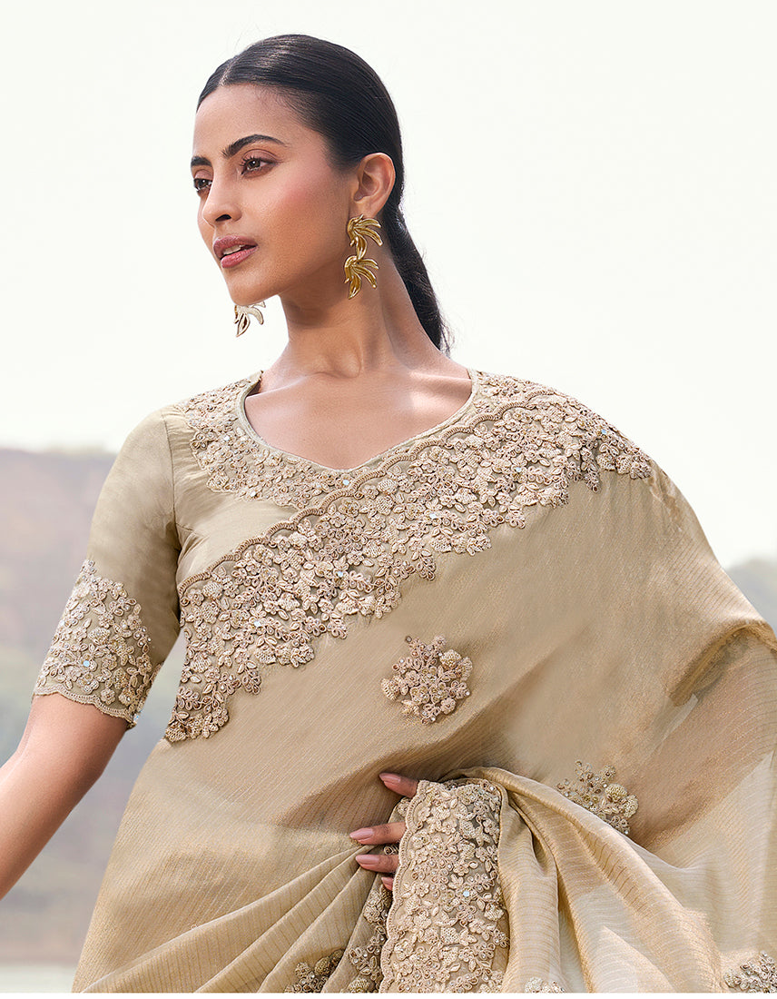 Monjolika Fashion Beige Embroidered Woven Faux Tissue Silk Saree - Dista