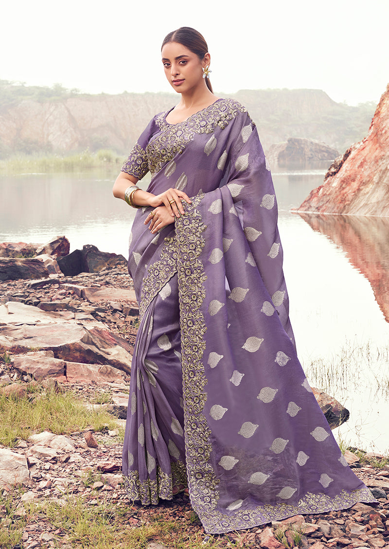 Monjolika Fashion Lavender Purple Embroidered Woven Faux Tissue Silk Saree - Dista