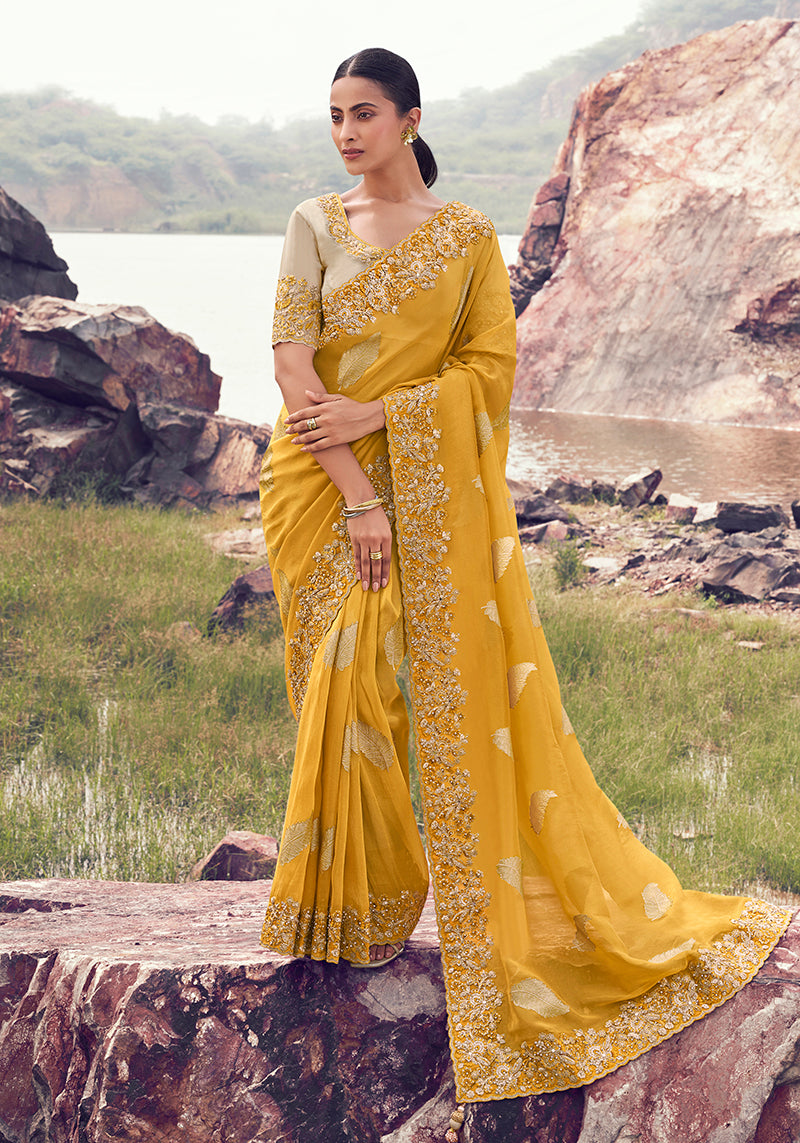 Monjolika Fashion Yellow Embroidered Woven Faux Tissue Silk Saree - Dista