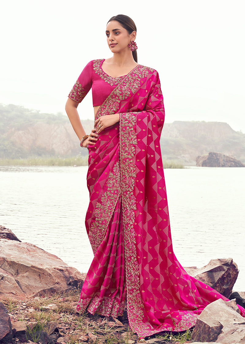 Monjolika Fashion Rani Pink Embroidered Woven Satin Silk Saree - Dista