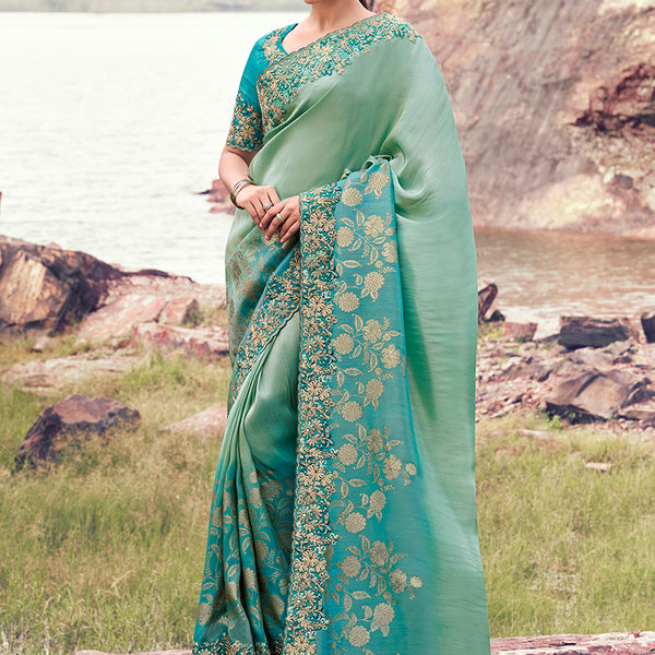 Monjolika Fashion Sea Green & Aqua Blue Embroidered Woven Faux Tissue Silk Saree - Dista