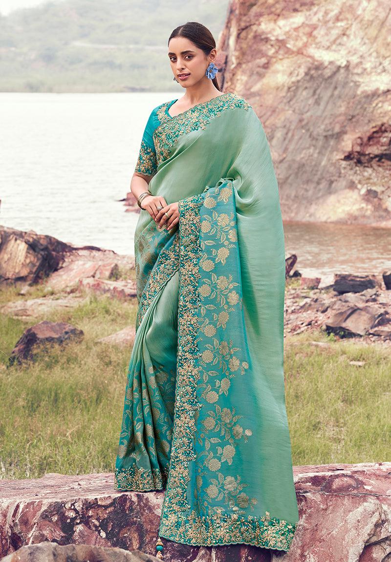 Monjolika Fashion Sea Green & Aqua Blue Embroidered Woven Faux Tissue Silk Saree - Dista