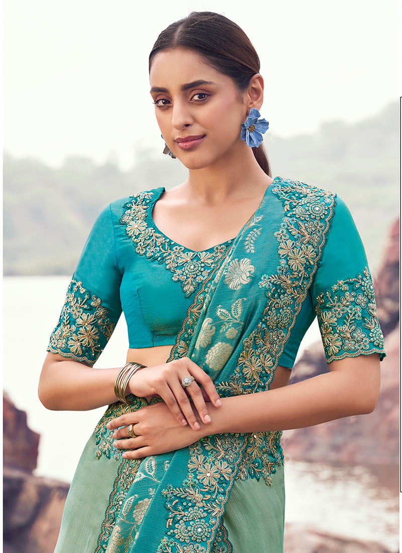 Monjolika Fashion Sea Green & Aqua Blue Embroidered Woven Faux Tissue Silk Saree - Dista