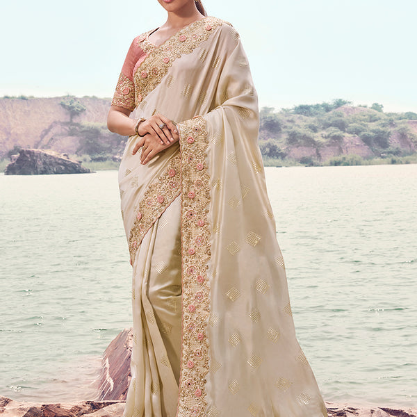 Monjolika Fashion Off White Embroidered Satin Silk Saree - Dista