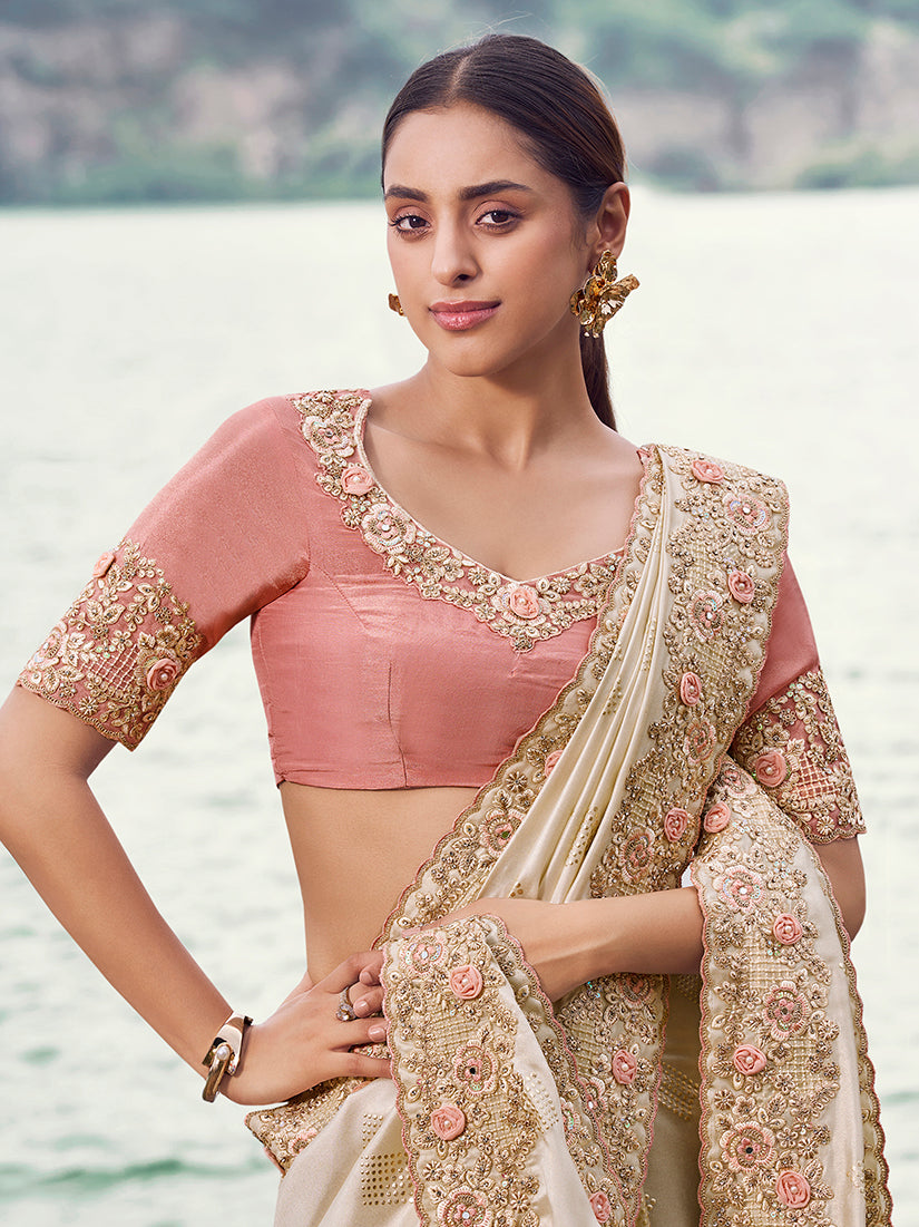 Monjolika Fashion Off White Embroidered Satin Silk Saree - Dista