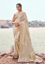 Thumbnail for Monjolika Fashion Off White Embroidered Satin Silk Saree - Dista