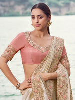Thumbnail for Monjolika Fashion Off White Embroidered Satin Silk Saree - Dista