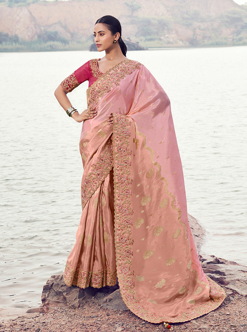 Monjolika Fashion Pink Embroidered Woven Faux Tissue Silk Saree - Dista