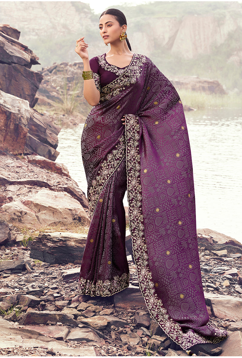Monjolika Fashion Wine Embroidered Woven Satin Silk Saree - Dista