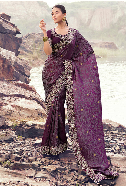 Monjolika Fashion Wine Embroidered Woven Satin Silk Saree - Dista