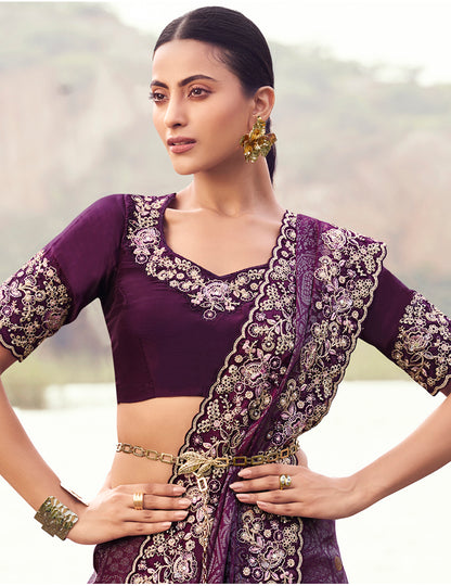 Monjolika Fashion Wine Embroidered Woven Satin Silk Saree - Dista