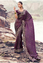 Thumbnail for Monjolika Fashion Wine Embroidered Woven Satin Silk Saree - Dista