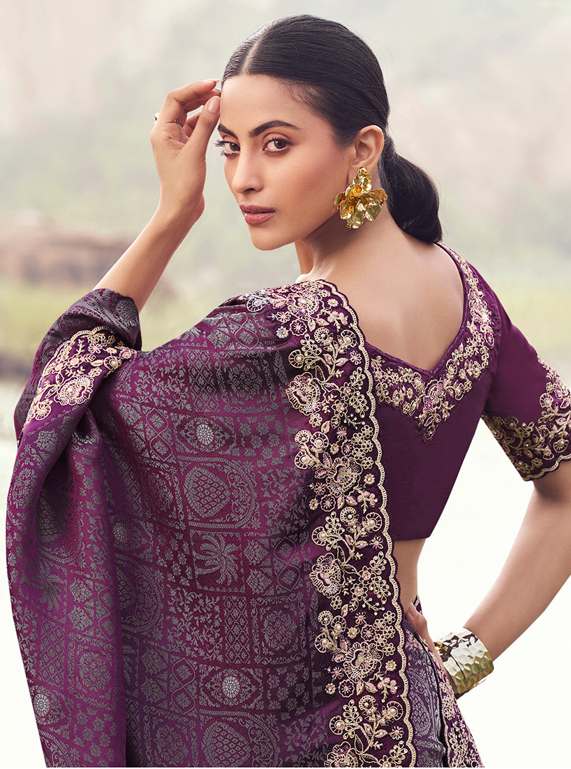 Monjolika Fashion Wine Embroidered Woven Satin Silk Saree - Dista