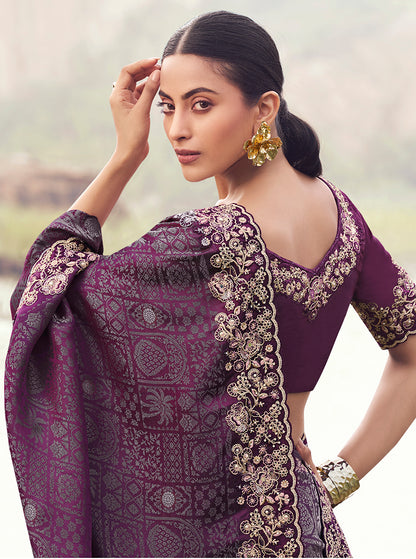 Monjolika Fashion Wine Embroidered Woven Satin Silk Saree - Dista