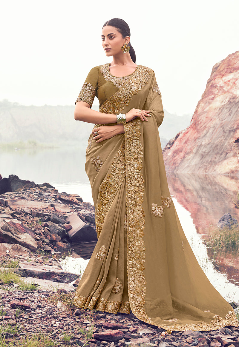 Monjolika Fashion Chiku Embroidered Banarasi Silk Blend Saree - Dista