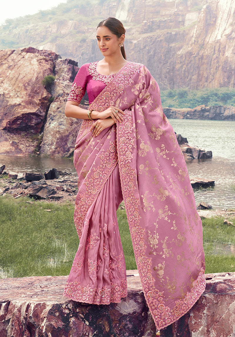 Monjolika Fashion Onion Pink Embroidered Woven Faux Tissue Silk Saree - Dista