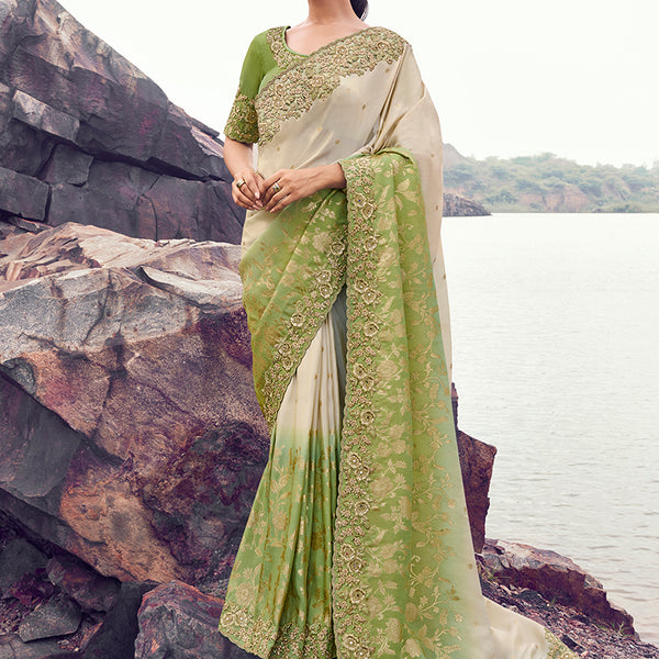 Monjolika Fashion Beige & Green Embroidered Woven Faux Tissue Silk Saree - Dista