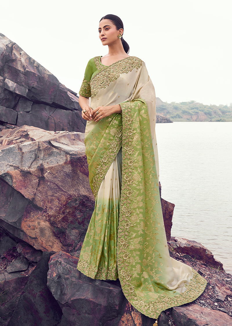 Monjolika Fashion Beige & Green Embroidered Woven Faux Tissue Silk Saree - Dista