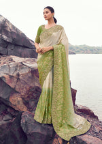 Thumbnail for Monjolika Fashion Beige & Green Embroidered Woven Faux Tissue Silk Saree - Dista