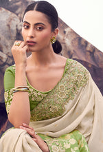 Thumbnail for Monjolika Fashion Beige & Green Embroidered Woven Faux Tissue Silk Saree - Dista