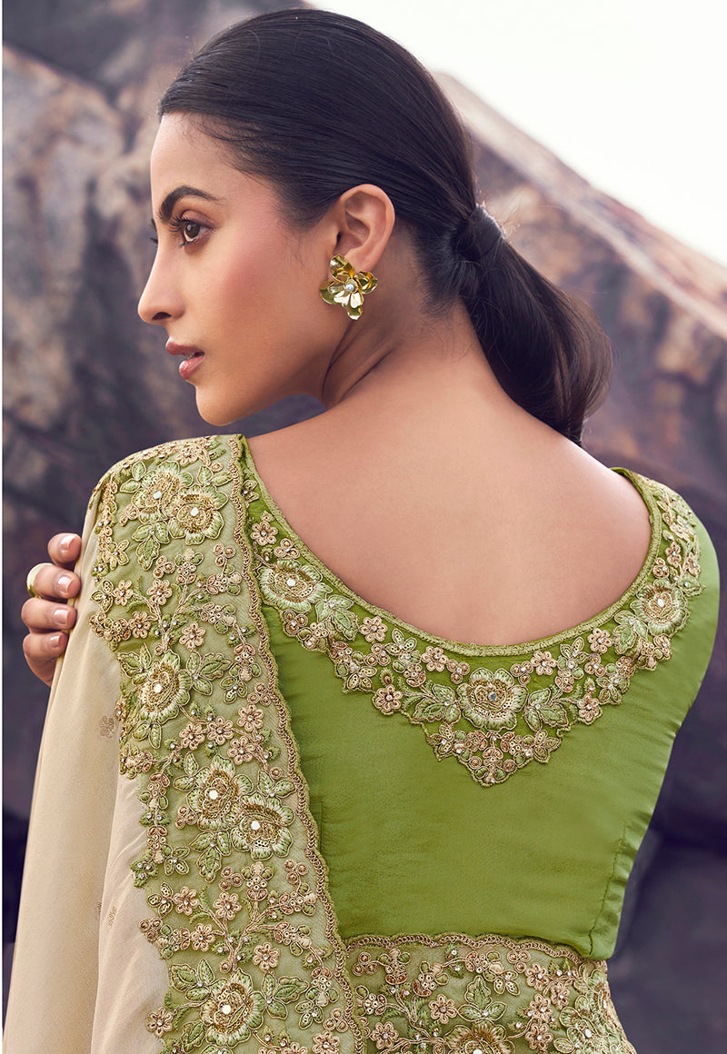 Monjolika Fashion Beige & Green Embroidered Woven Faux Tissue Silk Saree - Dista