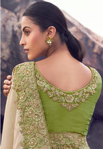 Thumbnail for Monjolika Fashion Beige & Green Embroidered Woven Faux Tissue Silk Saree - Dista