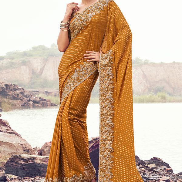 Monjolika Fashion Rust Orange Embroidered Woven Satin Silk Saree - Dista