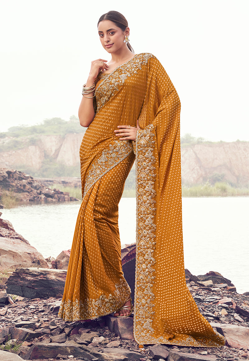 Monjolika Fashion Rust Orange Embroidered Woven Satin Silk Saree - Dista