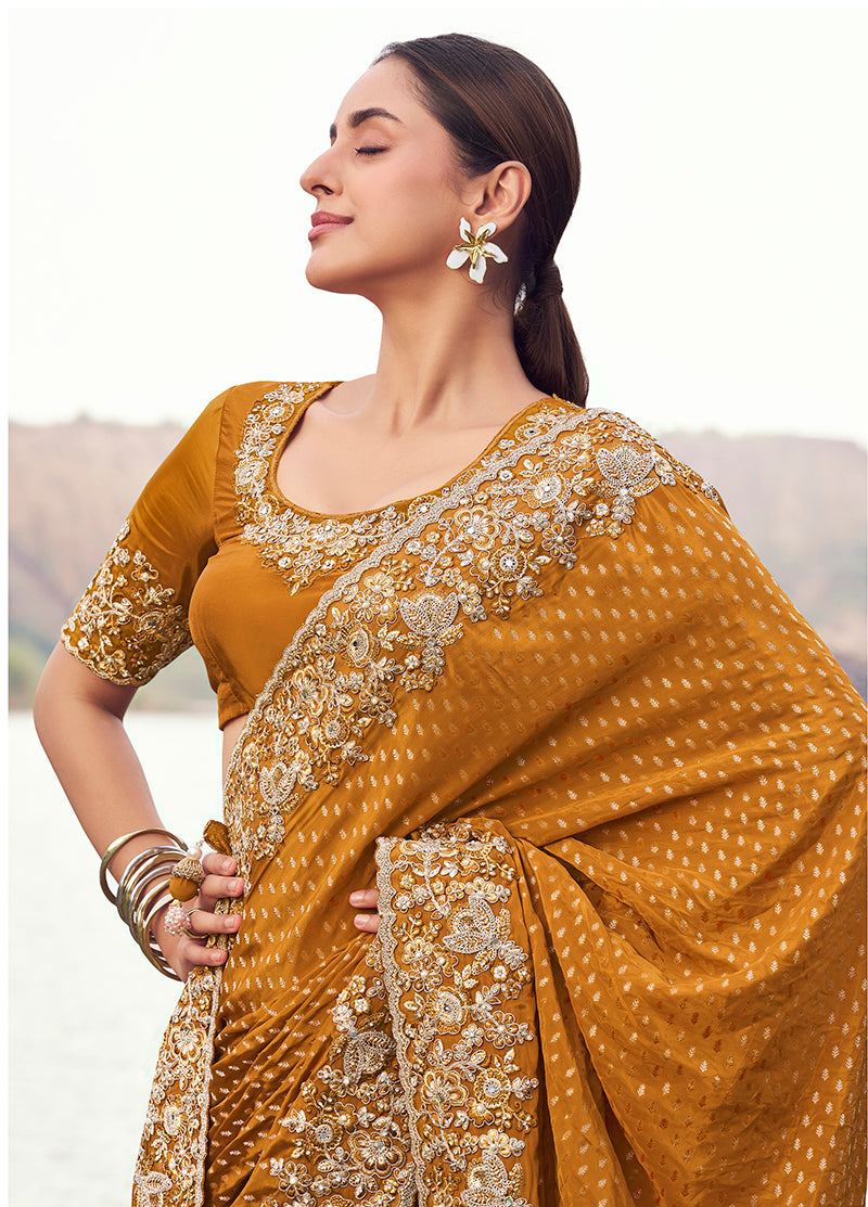 Monjolika Fashion Rust Orange Embroidered Woven Satin Silk Saree - Dista