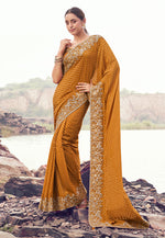Thumbnail for Monjolika Fashion Rust Orange Embroidered Woven Satin Silk Saree - Dista