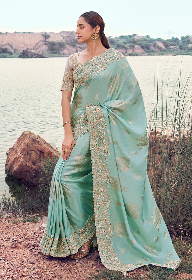 Monjolika Fashion Light Sky Blue Embroidered Woven Faux Tissue Silk Saree - Dista