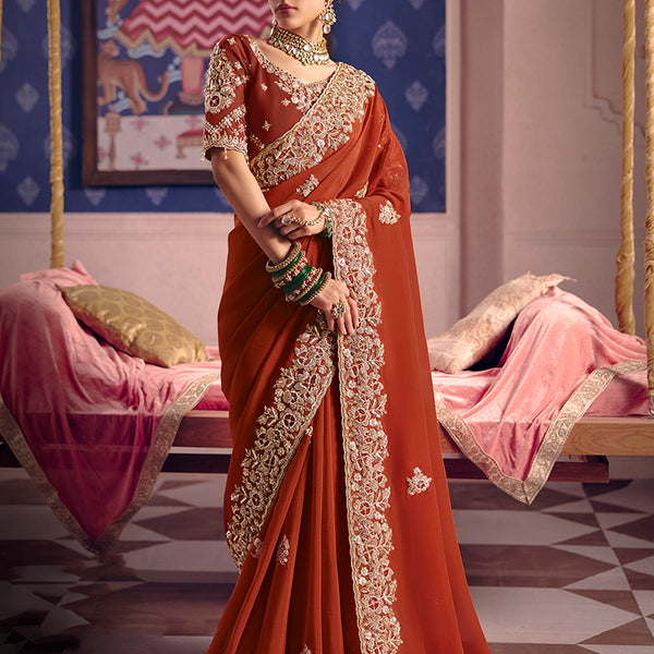 Monjolika Fashion Rust Viscose Zari Tissue Silk Embroidered Saree - Dista