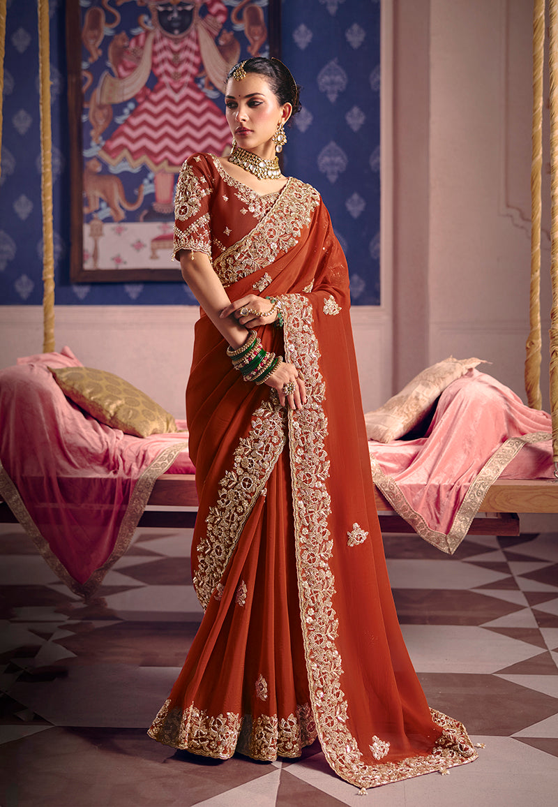 Monjolika Fashion Rust Viscose Zari Tissue Silk Embroidered Saree - Dista