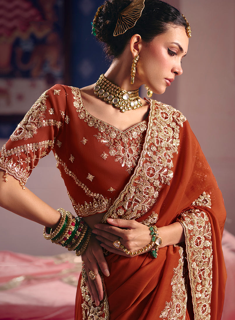 Monjolika Fashion Rust Viscose Zari Tissue Silk Embroidered Saree - Dista