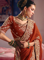 Thumbnail for Monjolika Fashion Rust Viscose Zari Tissue Silk Embroidered Saree - Dista