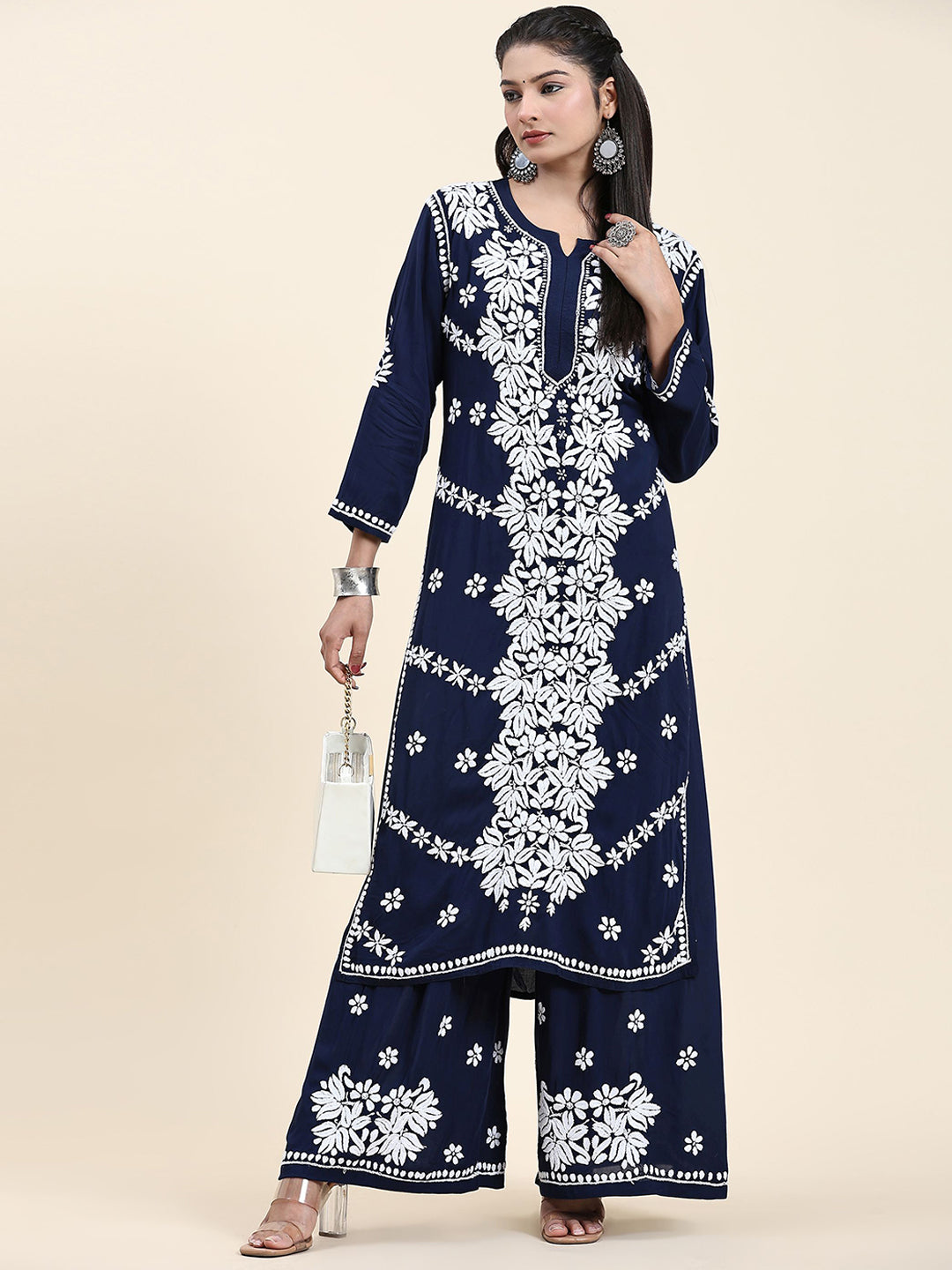 HOUSE OF KARI Ethnic Motifs Embroidered Chikankari Cotton Kurta & Palazzos - Distacart