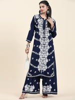 Thumbnail for HOUSE OF KARI Ethnic Motifs Embroidered Chikankari Cotton Kurta & Palazzos - Distacart