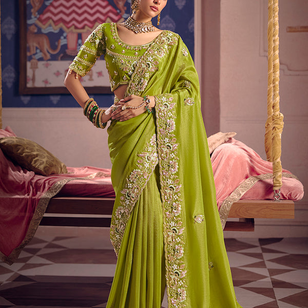 Monjolika Fashion Parrot Green Viscose Zari Tissue Silk Embroidered Saree - Dista