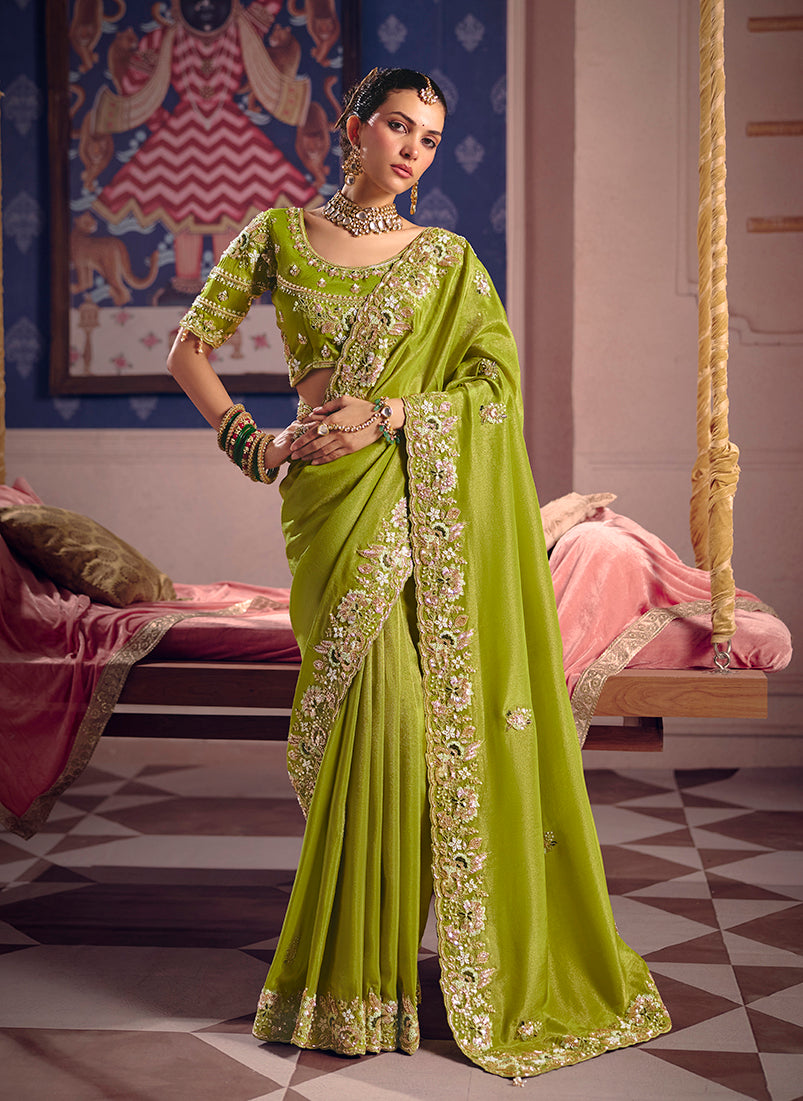 Monjolika Fashion Parrot Green Viscose Zari Tissue Silk Embroidered Saree - Dista