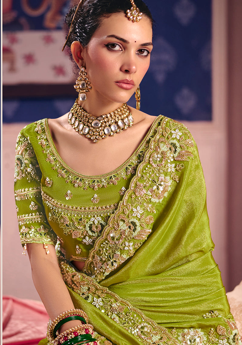 Monjolika Fashion Parrot Green Viscose Zari Tissue Silk Embroidered Saree - Dista