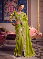 Thumbnail for Monjolika Fashion Parrot Green Viscose Zari Tissue Silk Embroidered Saree - Dista
