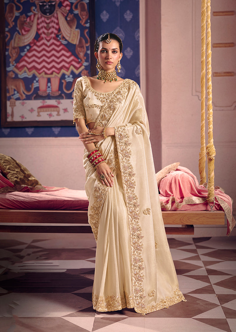 Monjolika Fashion Cream Viscose Zari Tissue Silk Embroidered Saree - Dista