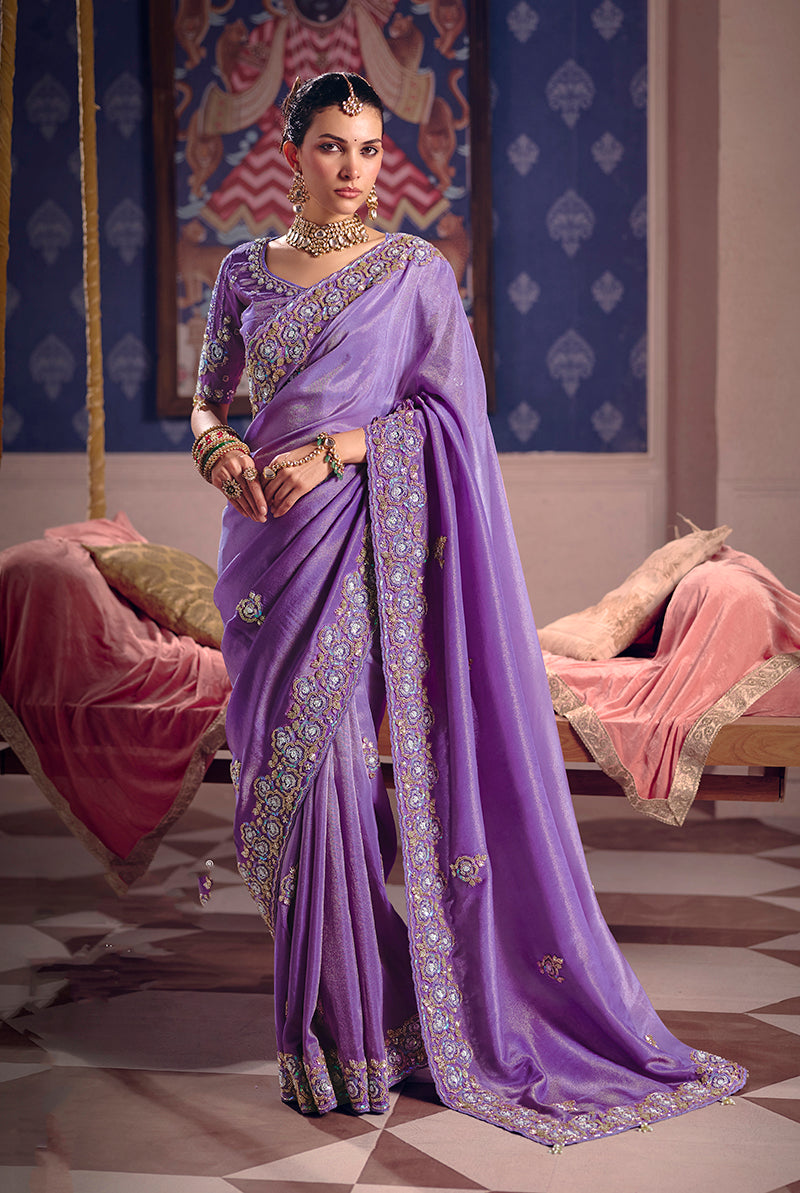 Monjolika Fashion Lavender Viscose Zari Tissue Silk Embroidered Saree - Dista