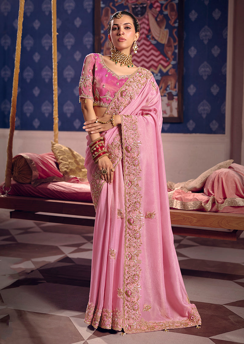 Monjolika Fashion Pink Viscose Zari Tissue Silk Embroidered Saree - Dista