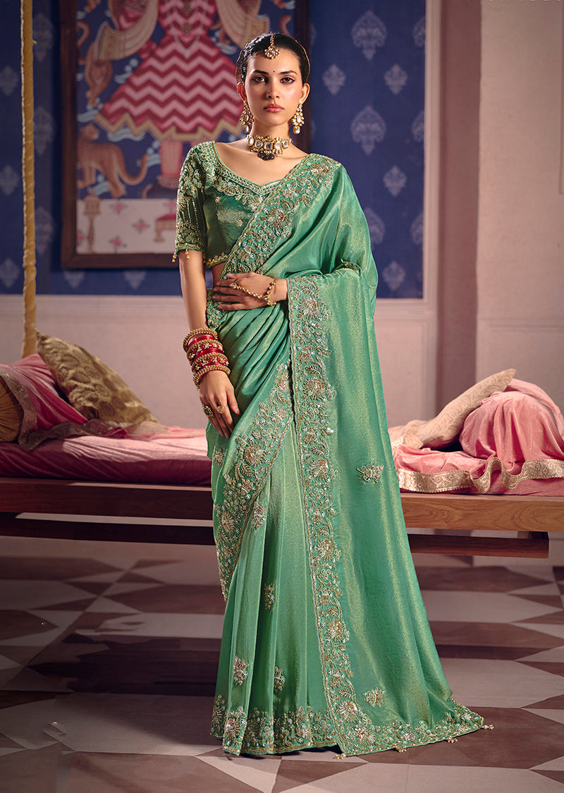 Monjolika Fashion Sea Green Viscose Zari Tissue Silk Embroidered Saree - Dista