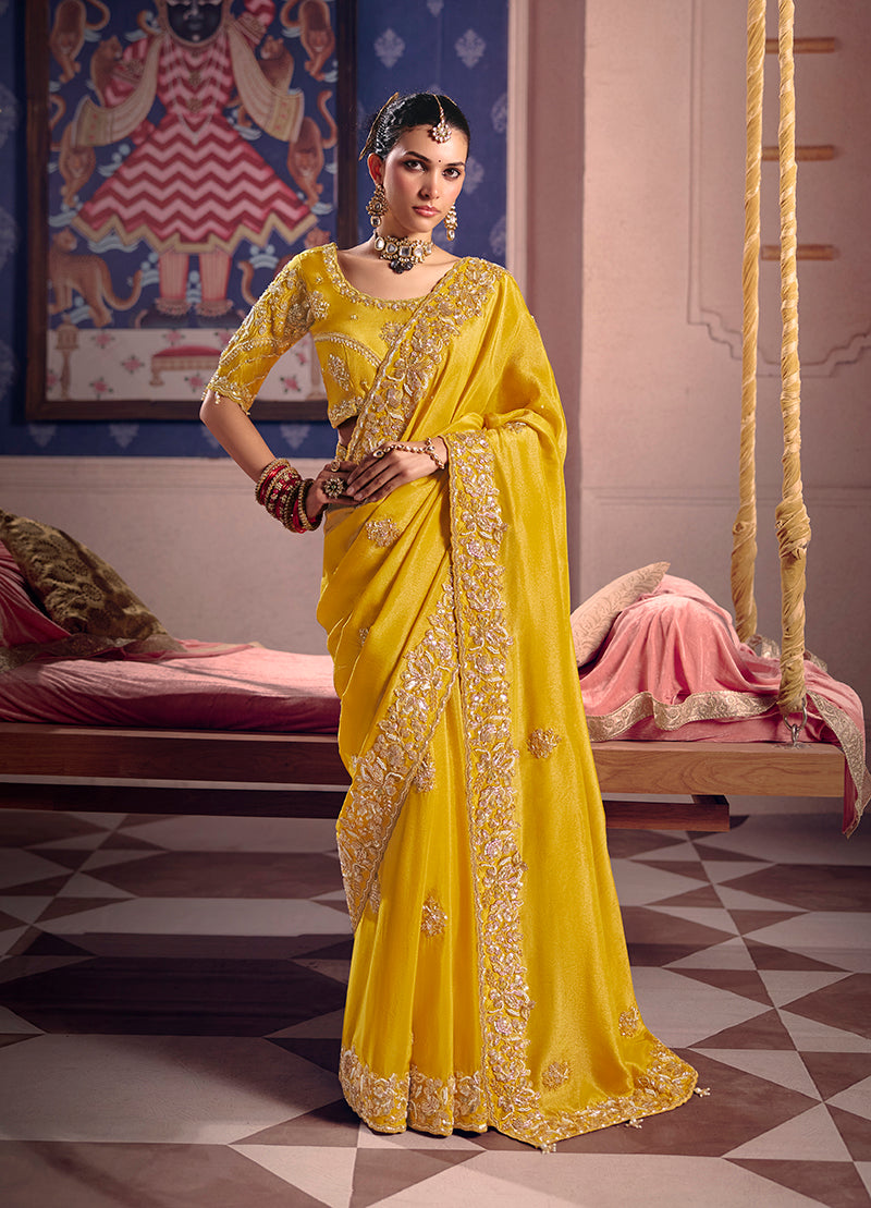 Monjolika Fashion Yellow Viscose Zari Tissue Silk Embroidered Saree - Dista