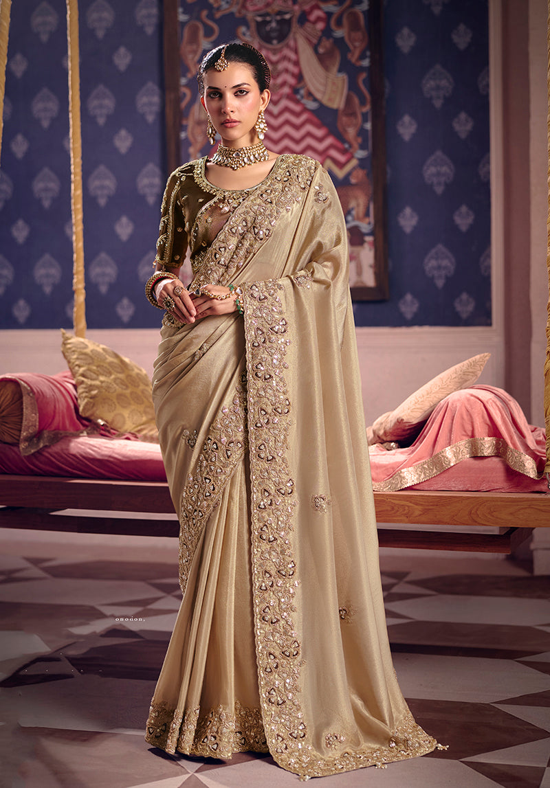 Monjolika Fashion Chiku Viscose Zari Tissue Silk Embroidered Saree - Dista