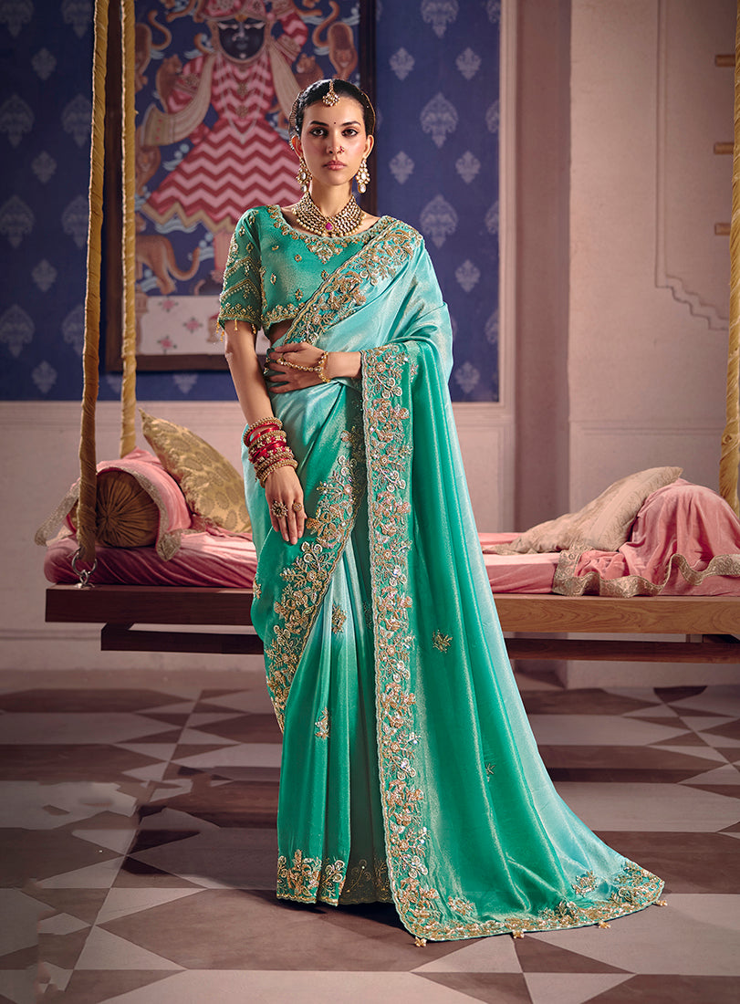 Monjolika Fashion Turquoise Viscose Zari Tissue Silk Embroidered Saree - Dista