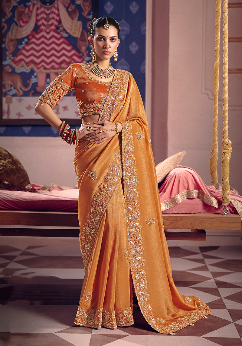 Monjolika Fashion Orange Viscose Zari Tissue Silk Embroidered Saree - Dista